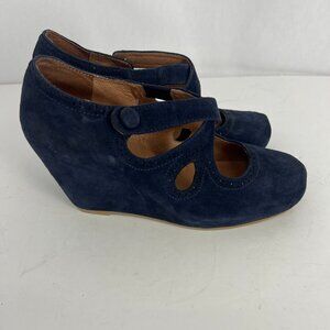 Jeffrey Campbell Leigh blue suede cross strap wedge shoes